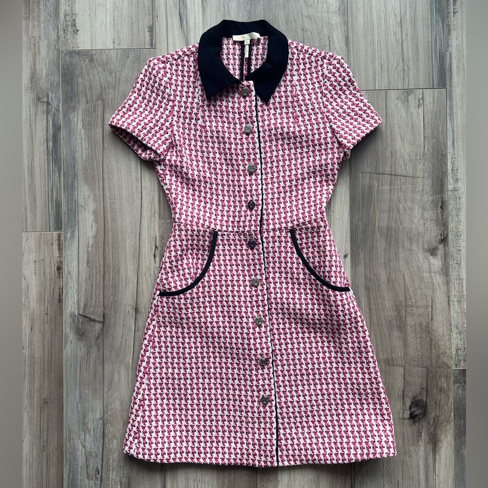 Maje Pink Tweed Mini Dress with Black Collar